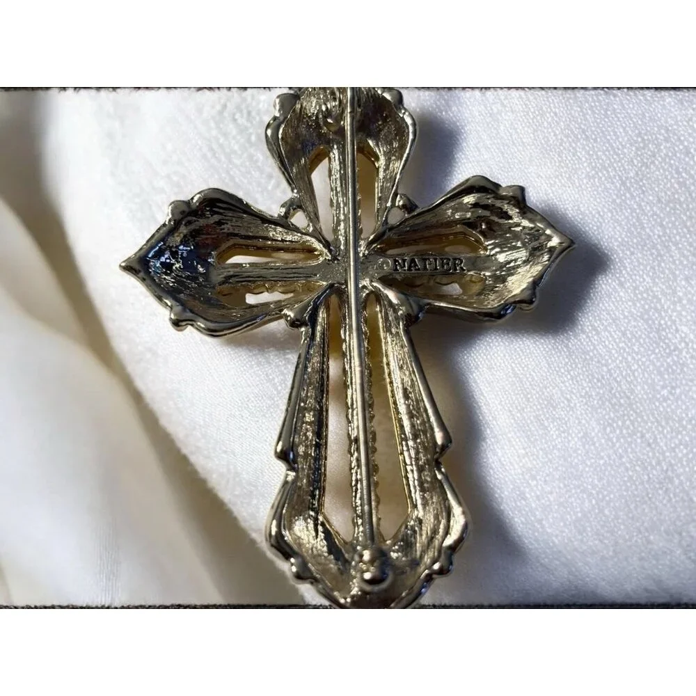 Napier Cross Brooch Pin Gold & Silver Tone Clear Rhinestones Open Work Religious